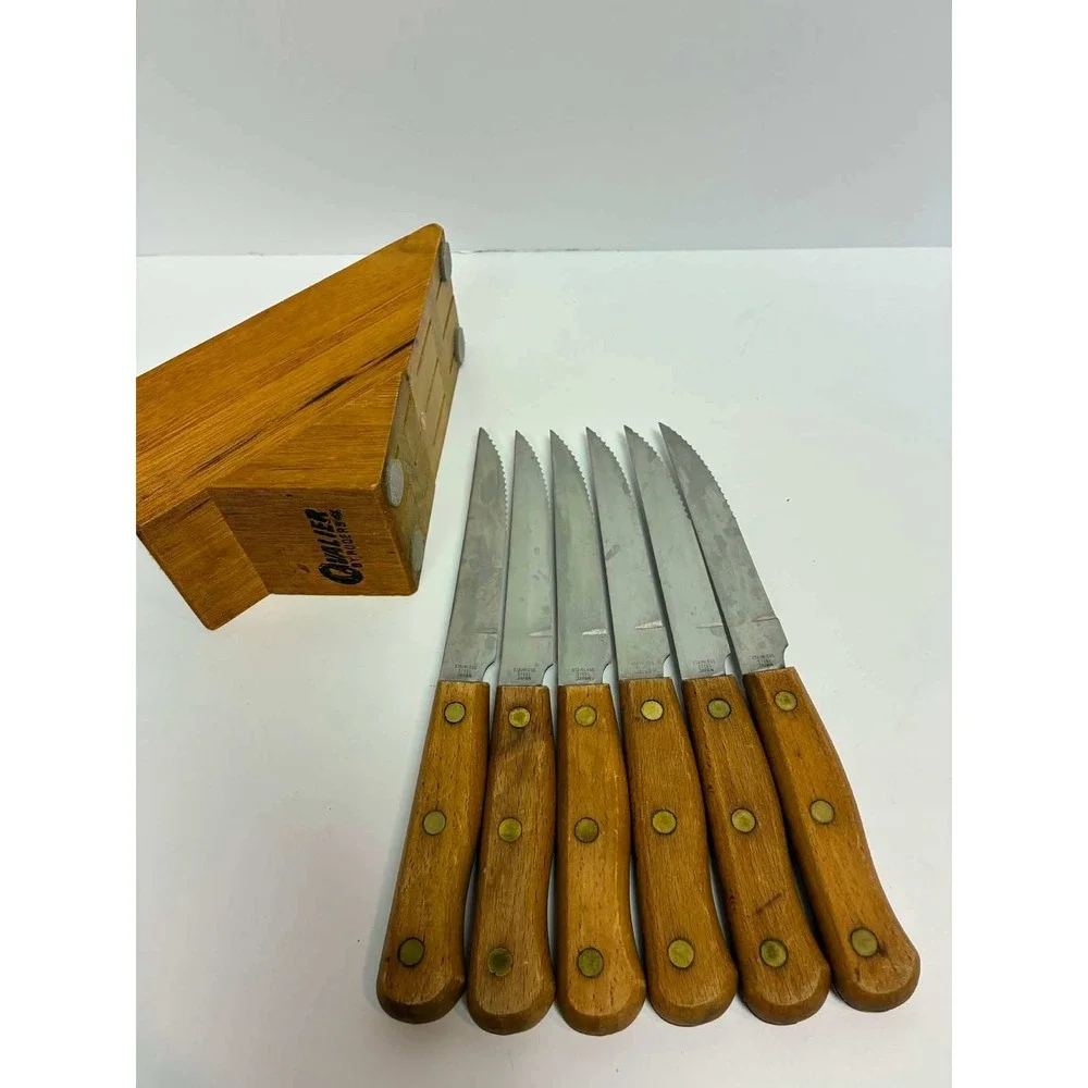 Vintage Cavalier by Rogers 6‎ Piece Steak Knife Set with Wood Block Stainless
